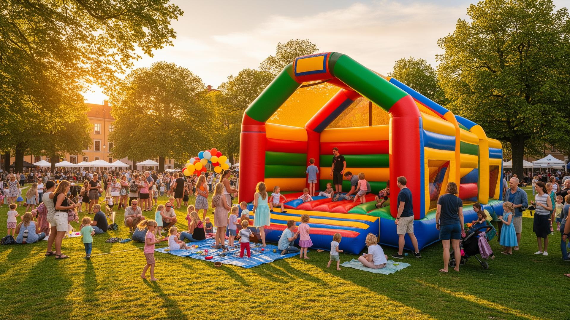 Sommarevent i parken med stor hoppborg och glada barn